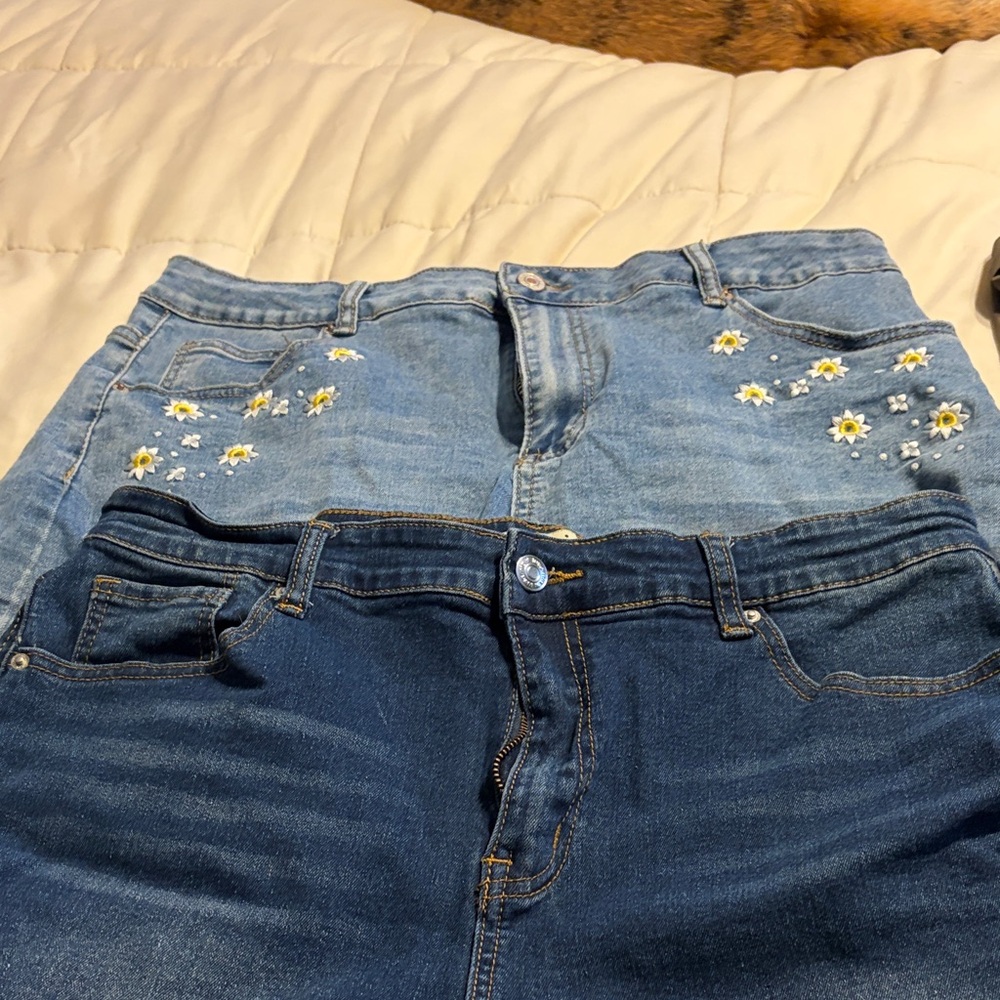 2 pair Chic Jean shorts one with Floral Embroidery